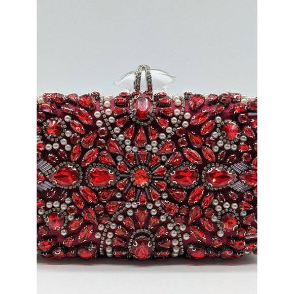 INC Ranndi beaded embellished crystal clutch minaudiere - RED/SILVER - Picture 3 of 14